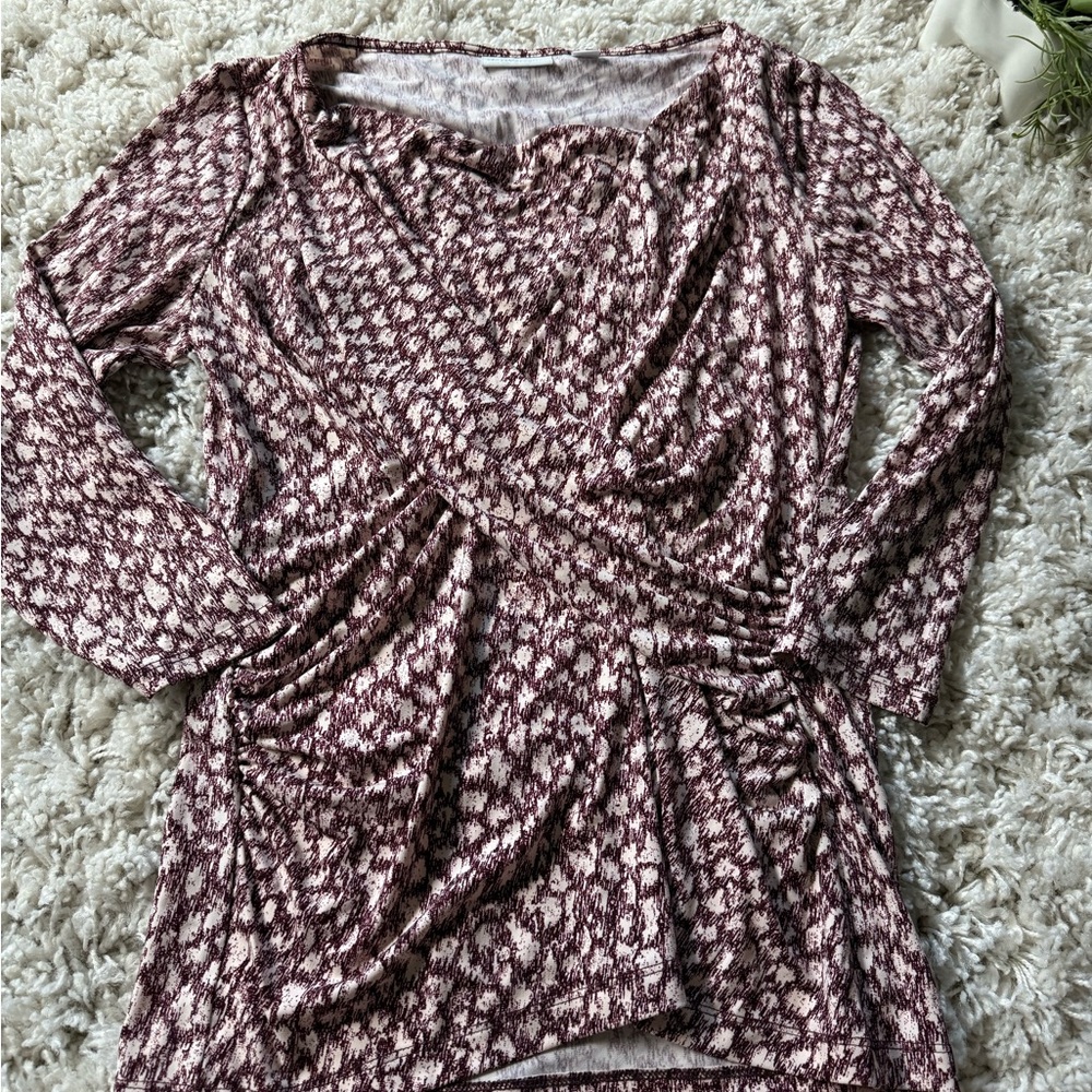 New York & Company Pink Wrap Blouse with Ruched 3/4 Sleeves